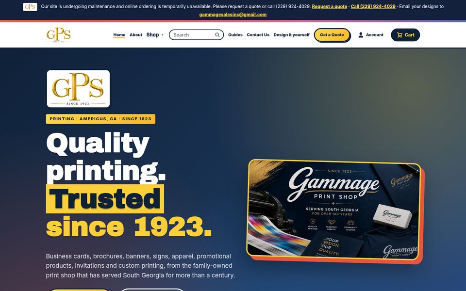 Gammage Print Shop website built by Elevate Digital Marketing